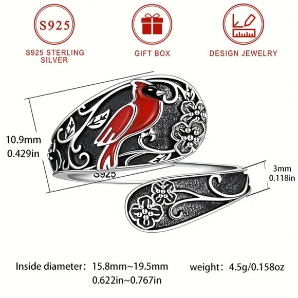Sterling Silver Red Cardinal & Poppy Flower Design Adjustable Ring - Picture 3 of 3